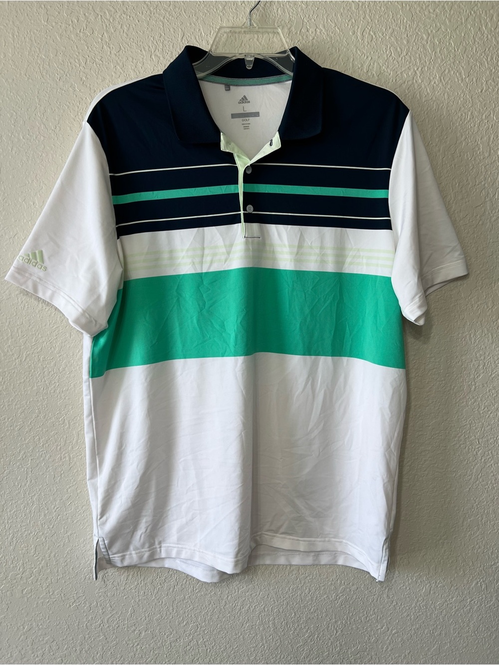 Adidas Golf Polo Shirt Mens Med White Navy Green Stripe Performance Short Sleeve